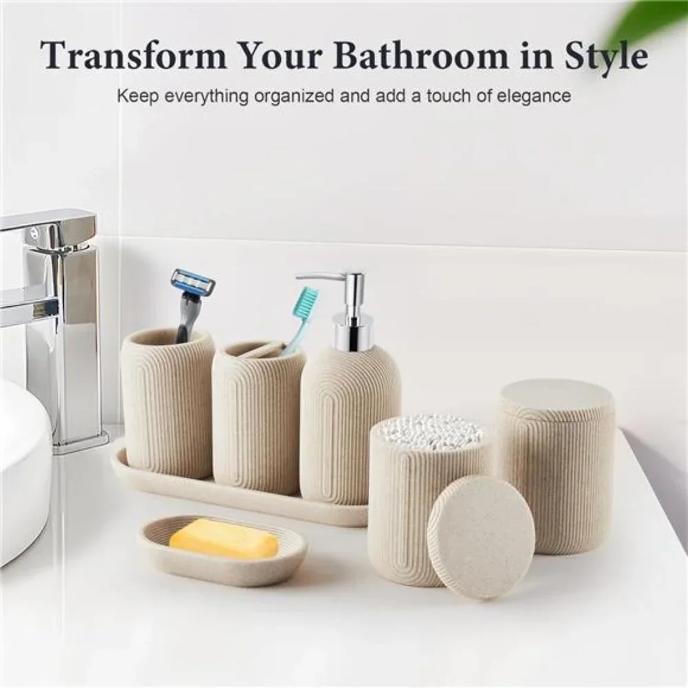 7 Piece Bathroom Accessories Set Soap Dispenser Toothbrush Holder Qtip Tray Tan